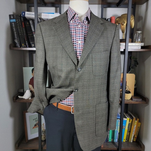 VTG Tommy Hilfiger Mens Sport Coat Blazer Three Button Olive Plaid Sharkskin 42R